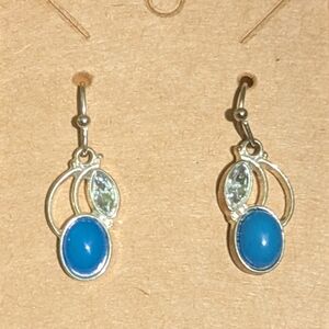 New silver tone blue oval & clear diamond shaped faux gem french hook earrings